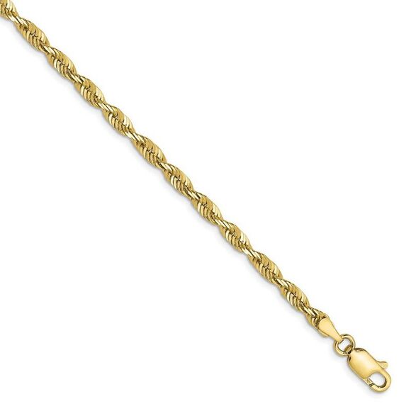 3mm 10k Yellow Gold Lightweight D/C Solid Rope Chain Bracelet 8 Inch